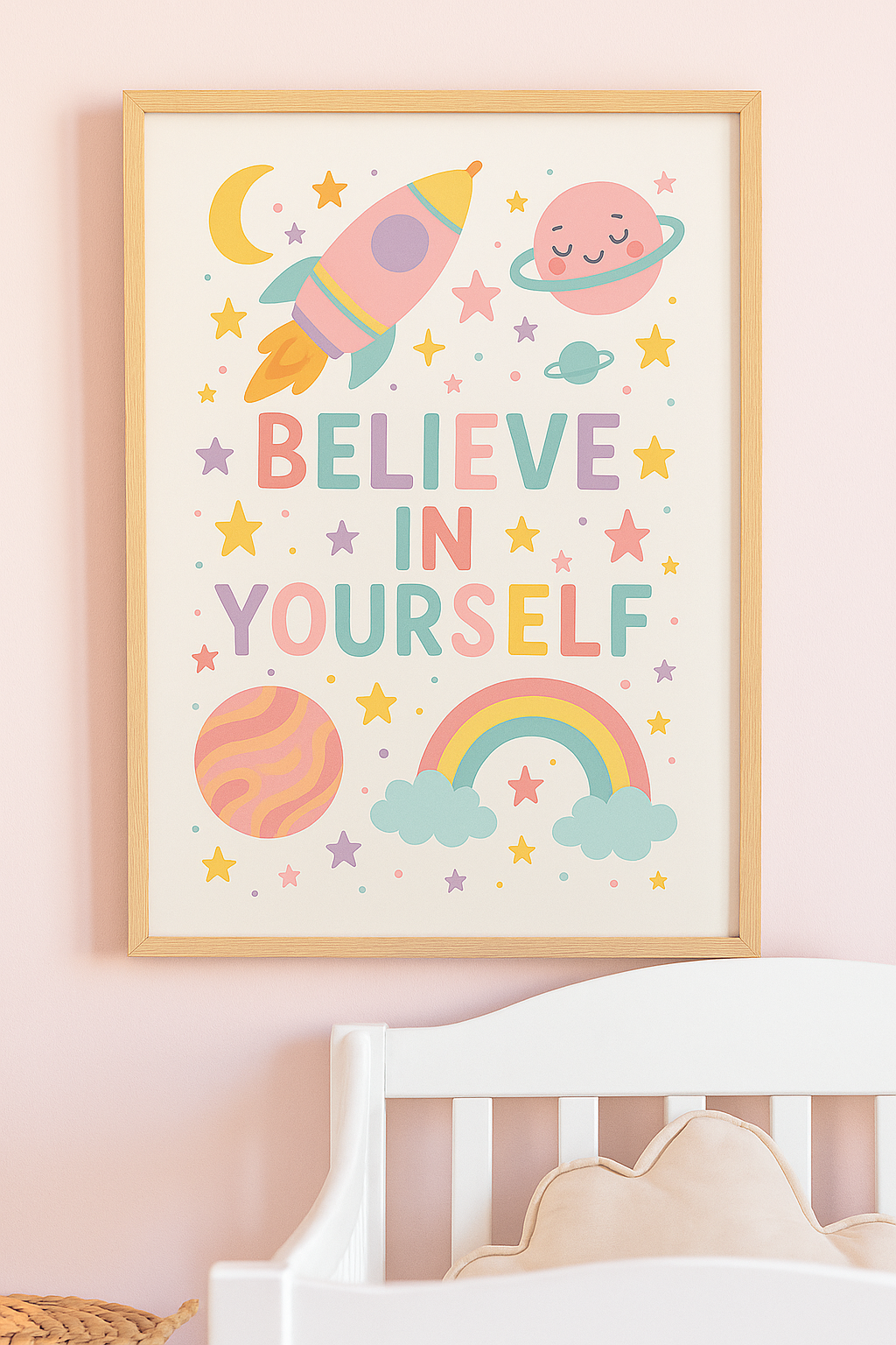 Believe in Yourself Space Wall Art – Motivational Pastel Print for Kids-0
